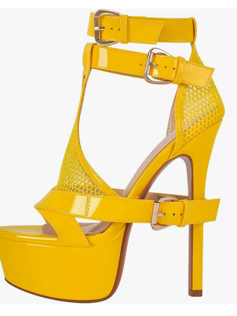 Yellow Patent Platform High-Heel Sandals with Ankle Straps (NEVER WORN)